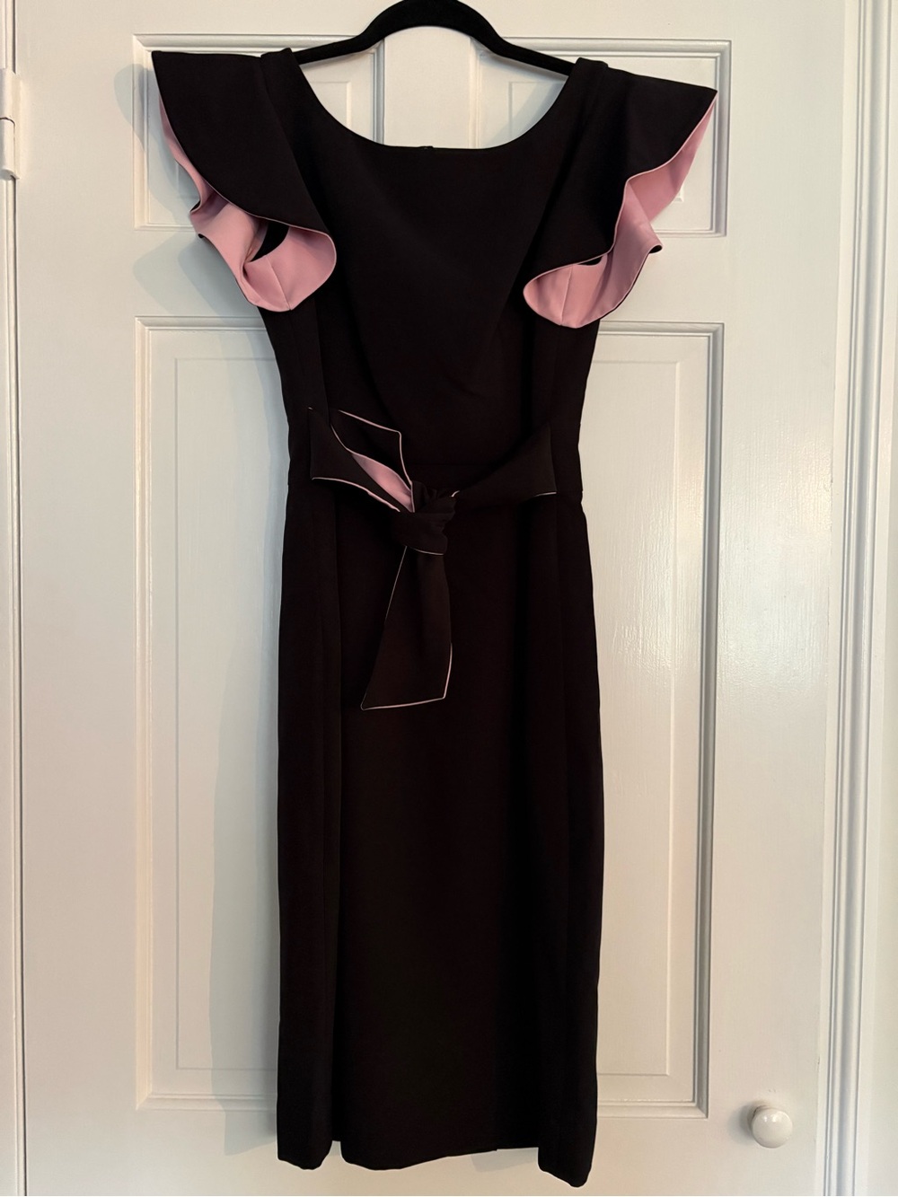 Milly Black Cocktail Dress with Pink Ruffle Trim and Waist Tie